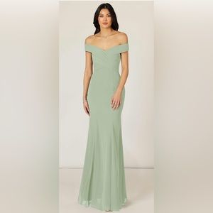 Azazie Lecia Empire Off the Shoulder Chiffon Dress in Dusty Sage Size 0